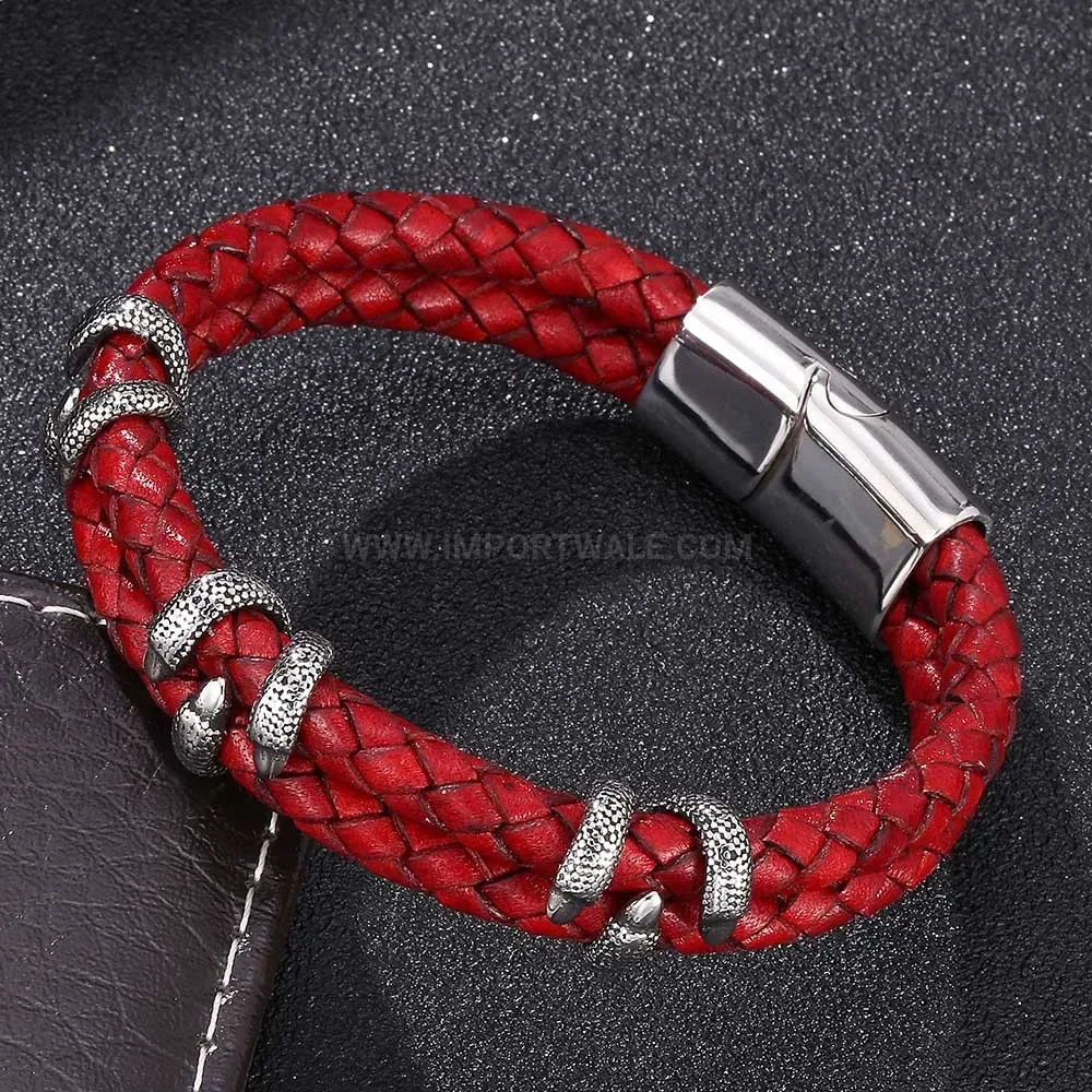 Woven Leather and Stainless Steel Clasp Unisex Statement Bracelet