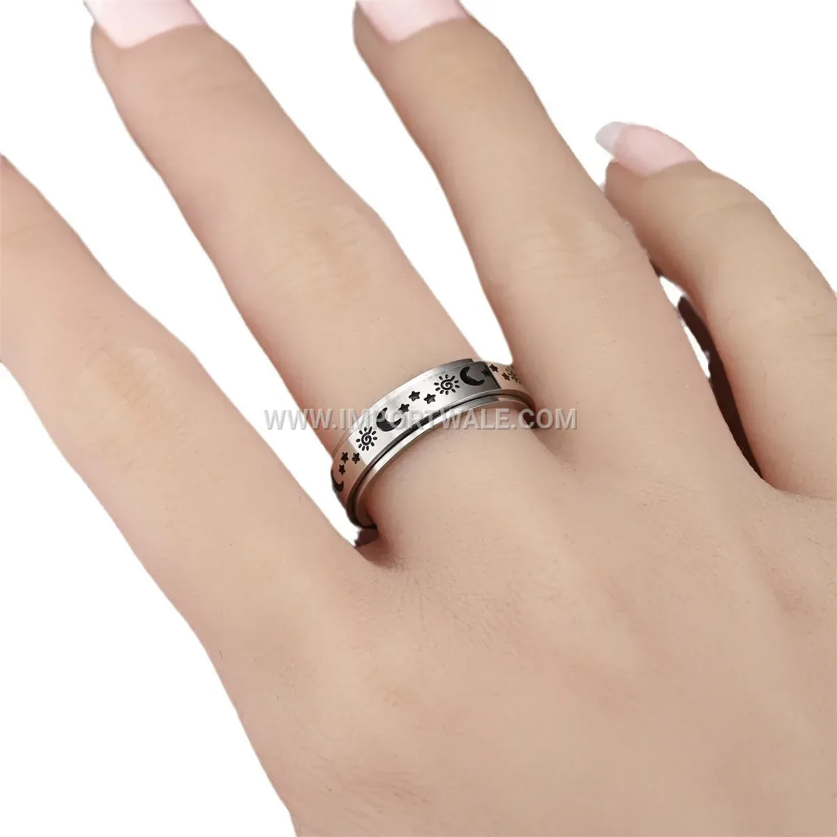 Celestial Sun Moon and Stars Engraved Stainless Steel Spinner Ring