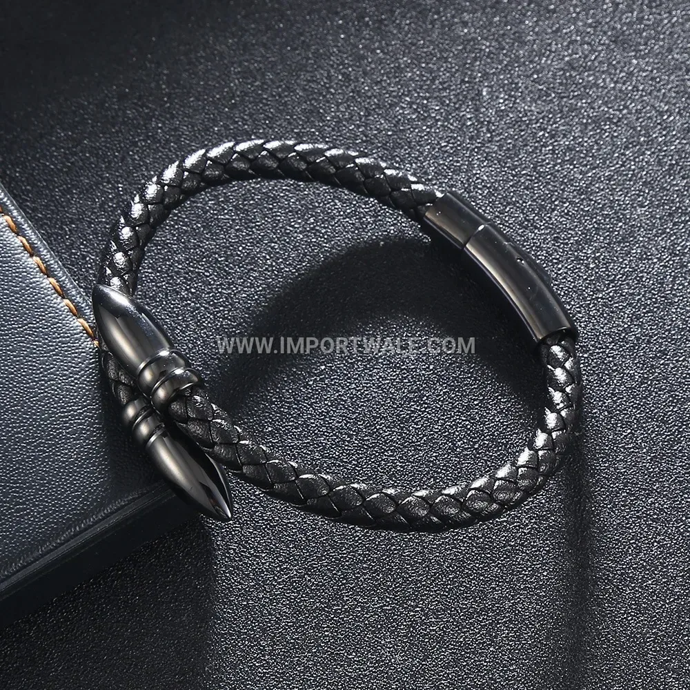 Bullet-Detail Leather Wristband with Stainless Steel Clasp