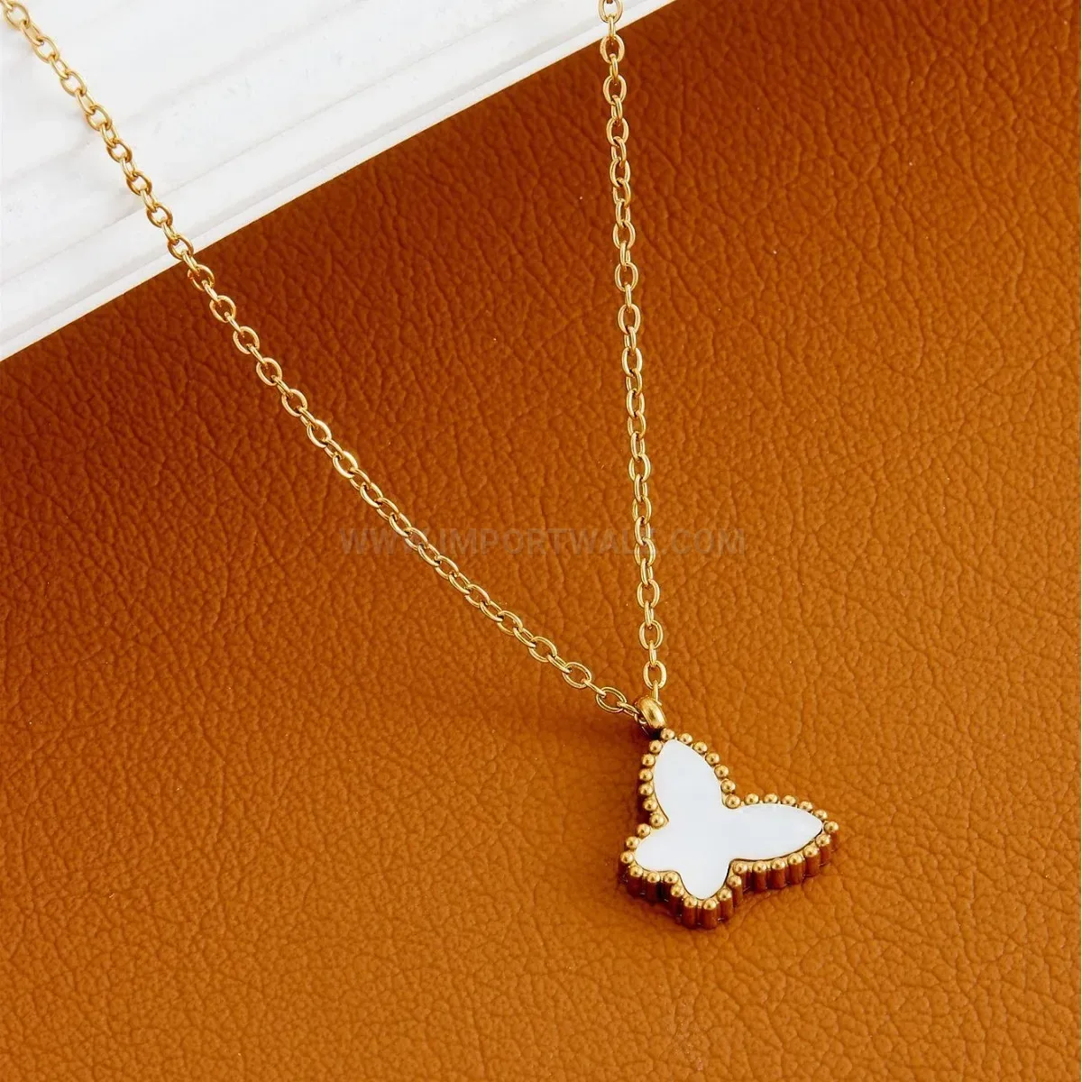 Bold Titanium Steel Butterfly Pendant Necklace with Shell Inlay