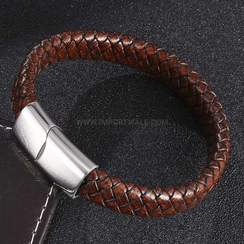 Braided Leather Cuffed Wristband with Stainless Steel Clasp