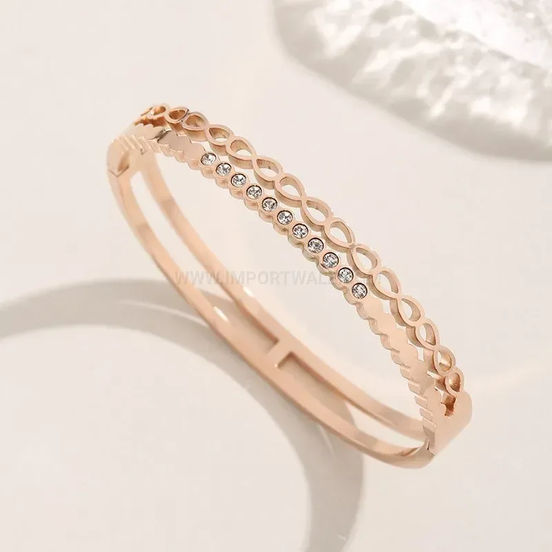 Bold Double Layer Wave Cutout Zircon Titanium Bangle