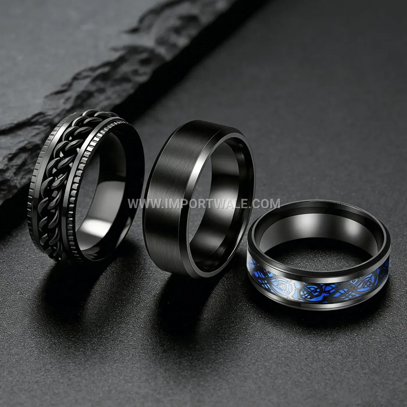 Black Spinner Chain Stainless Steel Geometric Ring Set