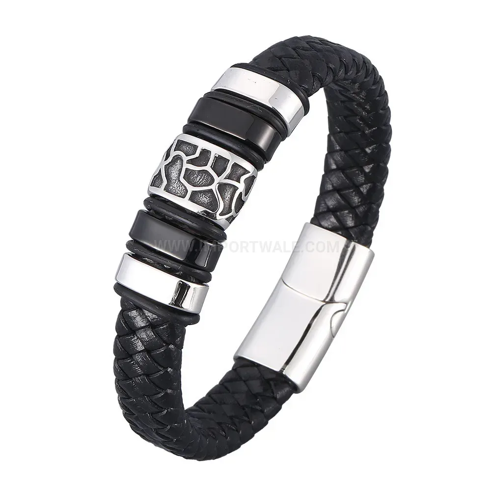 Woven Black Leather Bracelet with Electroplated Stainless Steel Clasp