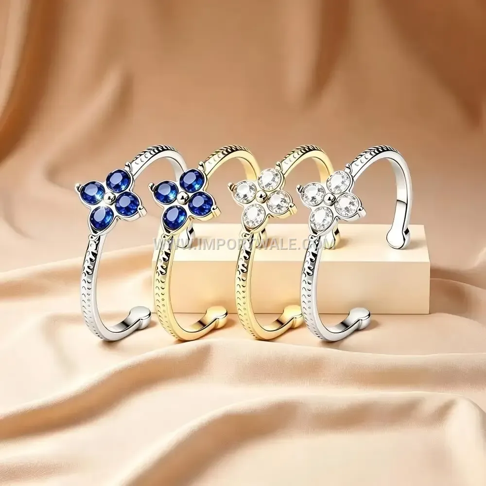 Hammered Textured Stainless Steel Open Floral Cocktail Ring With Zircon