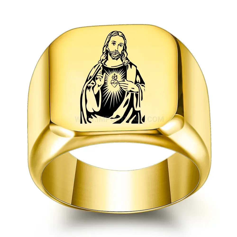 Modern Laser Engraved Guardian Angel Stainless Steel Signet Ring