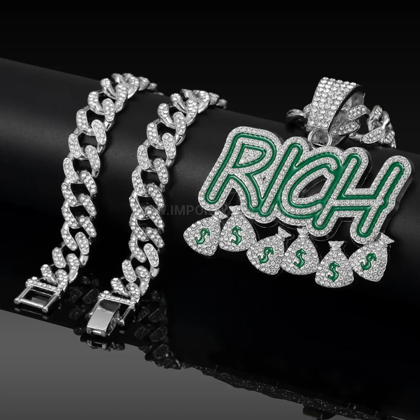 Iced Out RICH Letter Hip Hop Pendant Cuban Chain