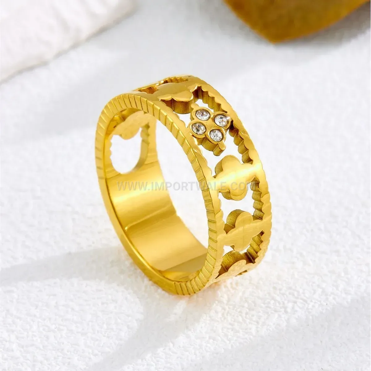 Gold Titanium Steel Floral Cubic Zirconia Hollow Four Leaf Clover Ring