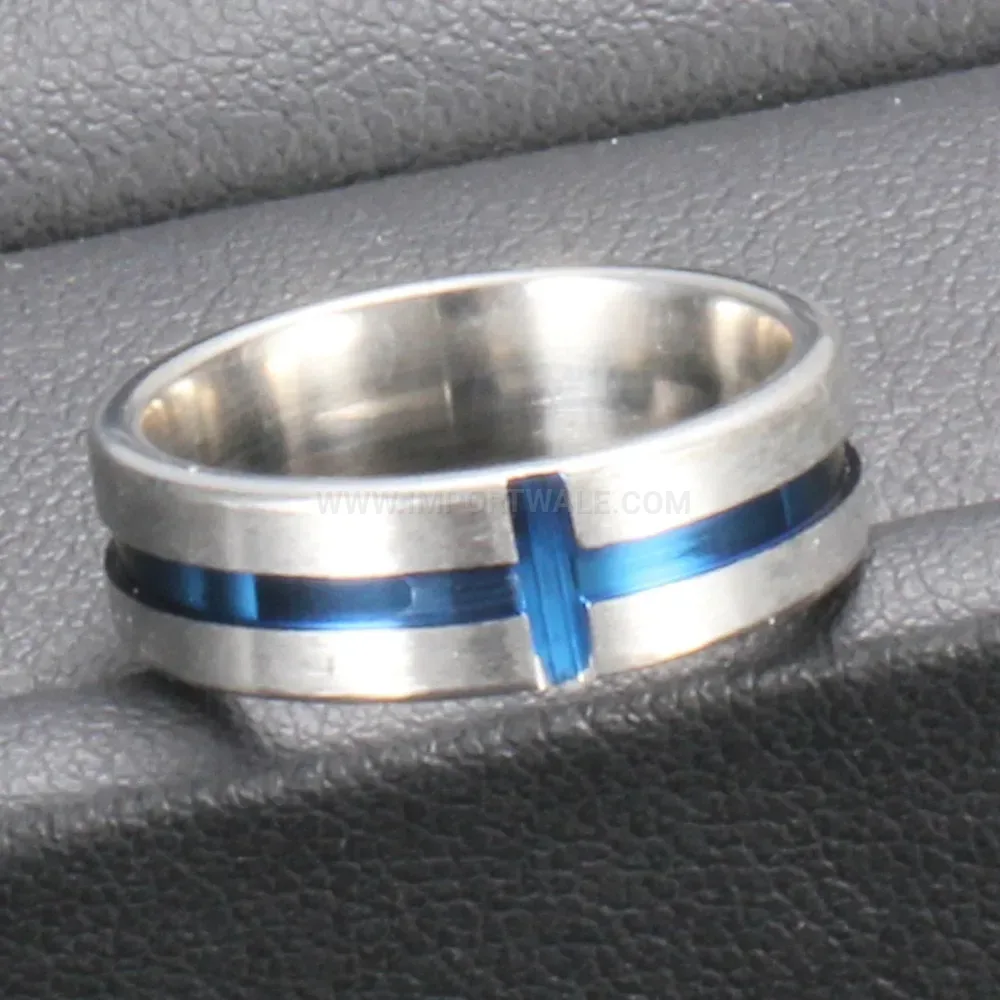 Stylish Blue Drip Epoxy Cross Accent Stainless Steel Band Ring