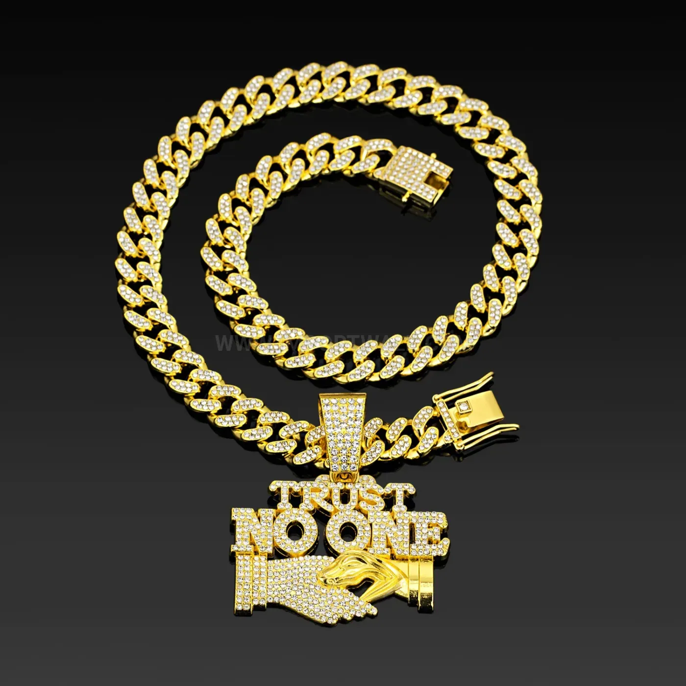 Rhinestone Trust No One Letter Pendant Cuban Chain Necklace