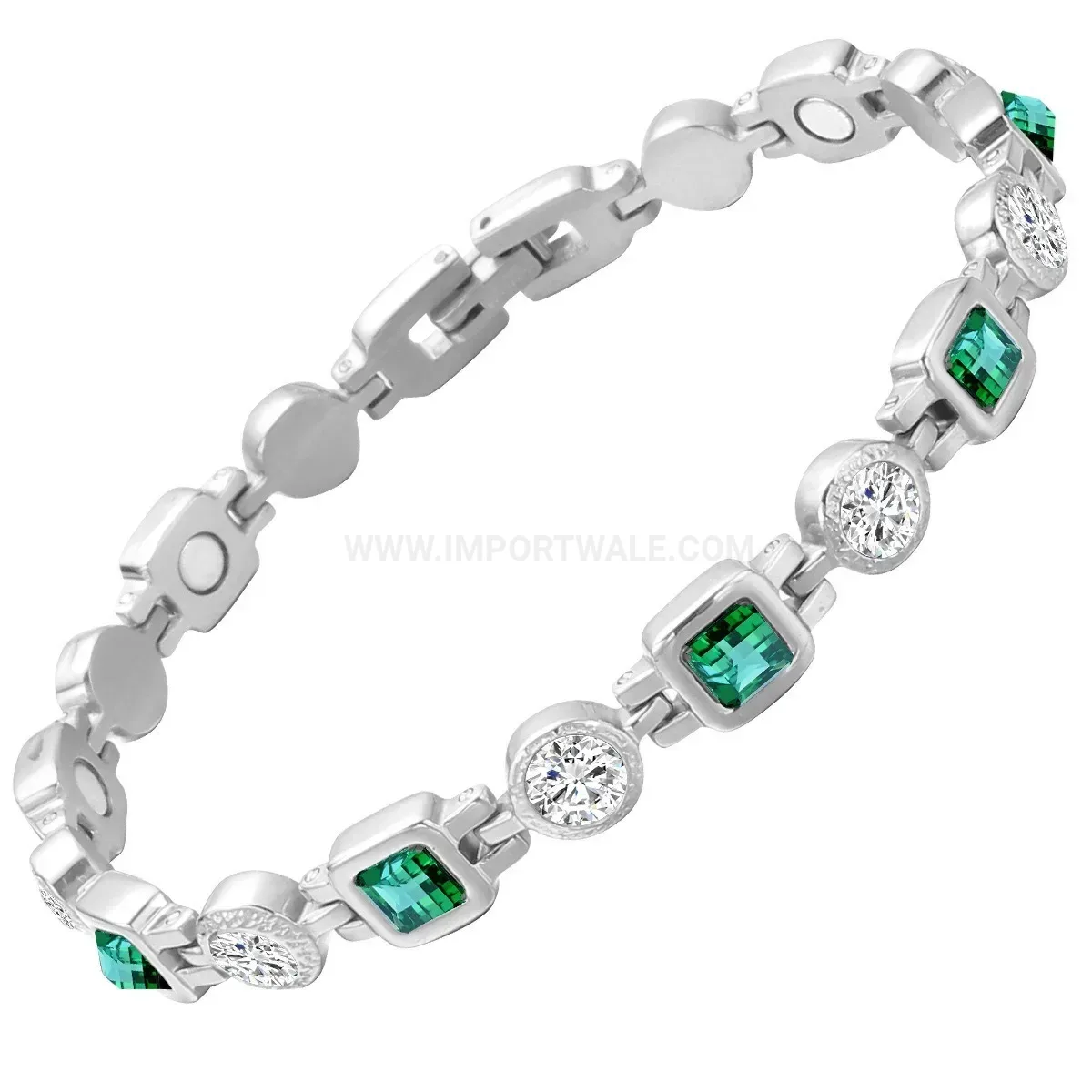 Stainless Steel Emerald Square Crystal Bio Magnetic Link Bracelet