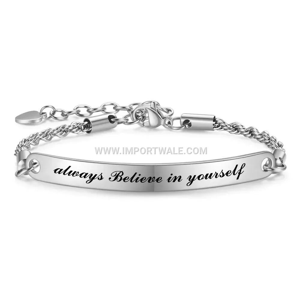 Adjustable Stainless Steel Curved Bar Bracelet with Engraved Quote