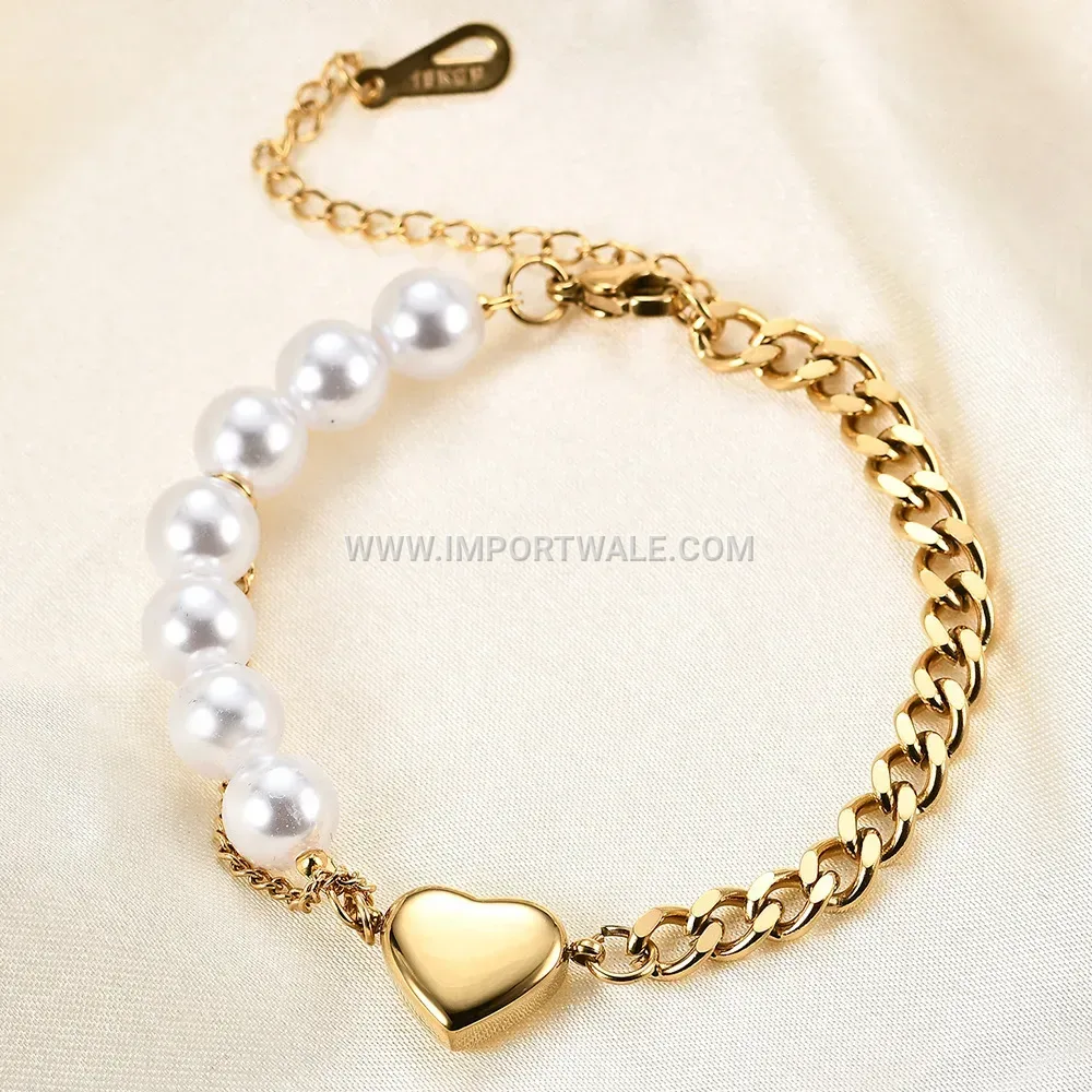 Stainless Steel Heart Charm Cuban Chain Pearl Bracelet