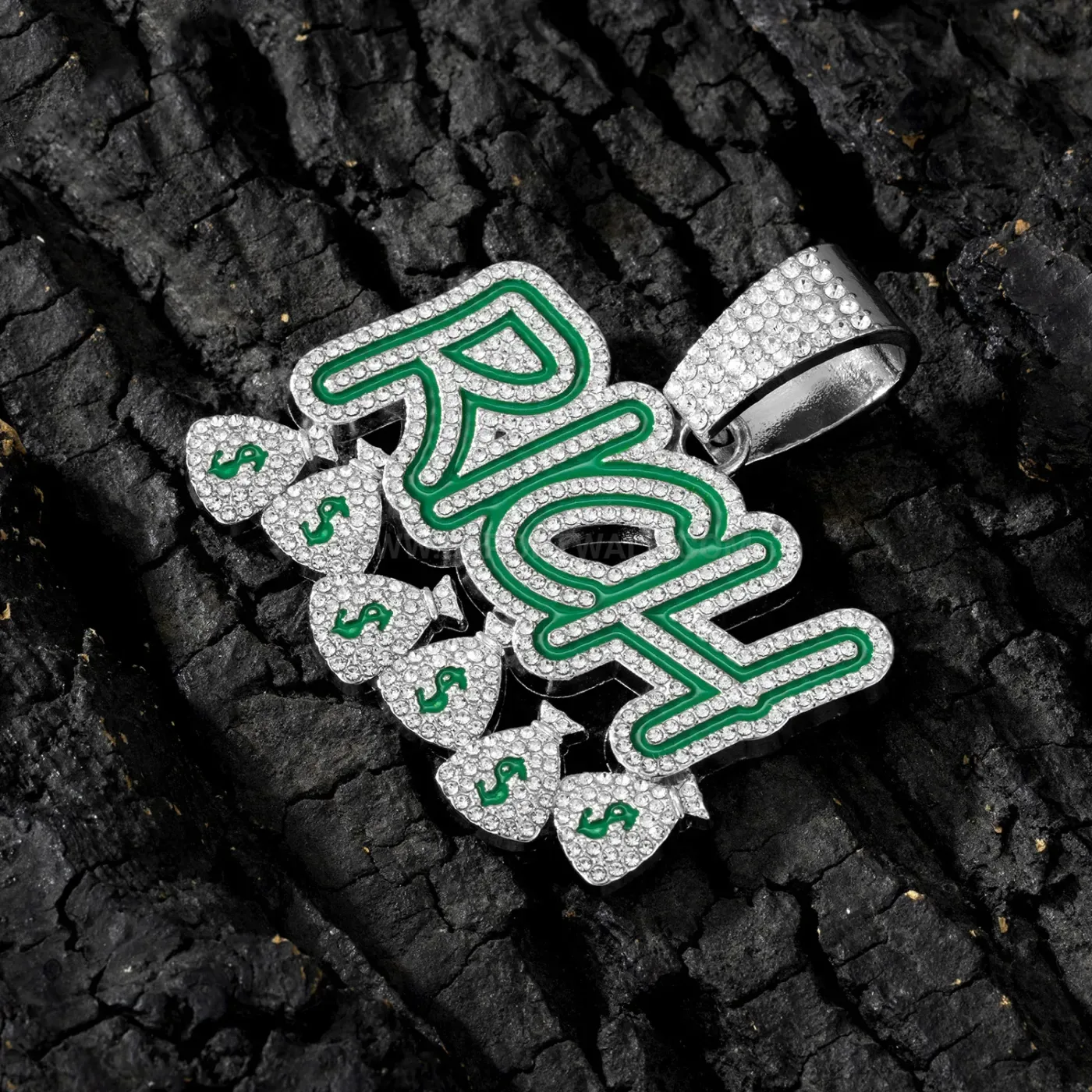 Iced Out RICH Letter Hip Hop Pendant Cuban Chain