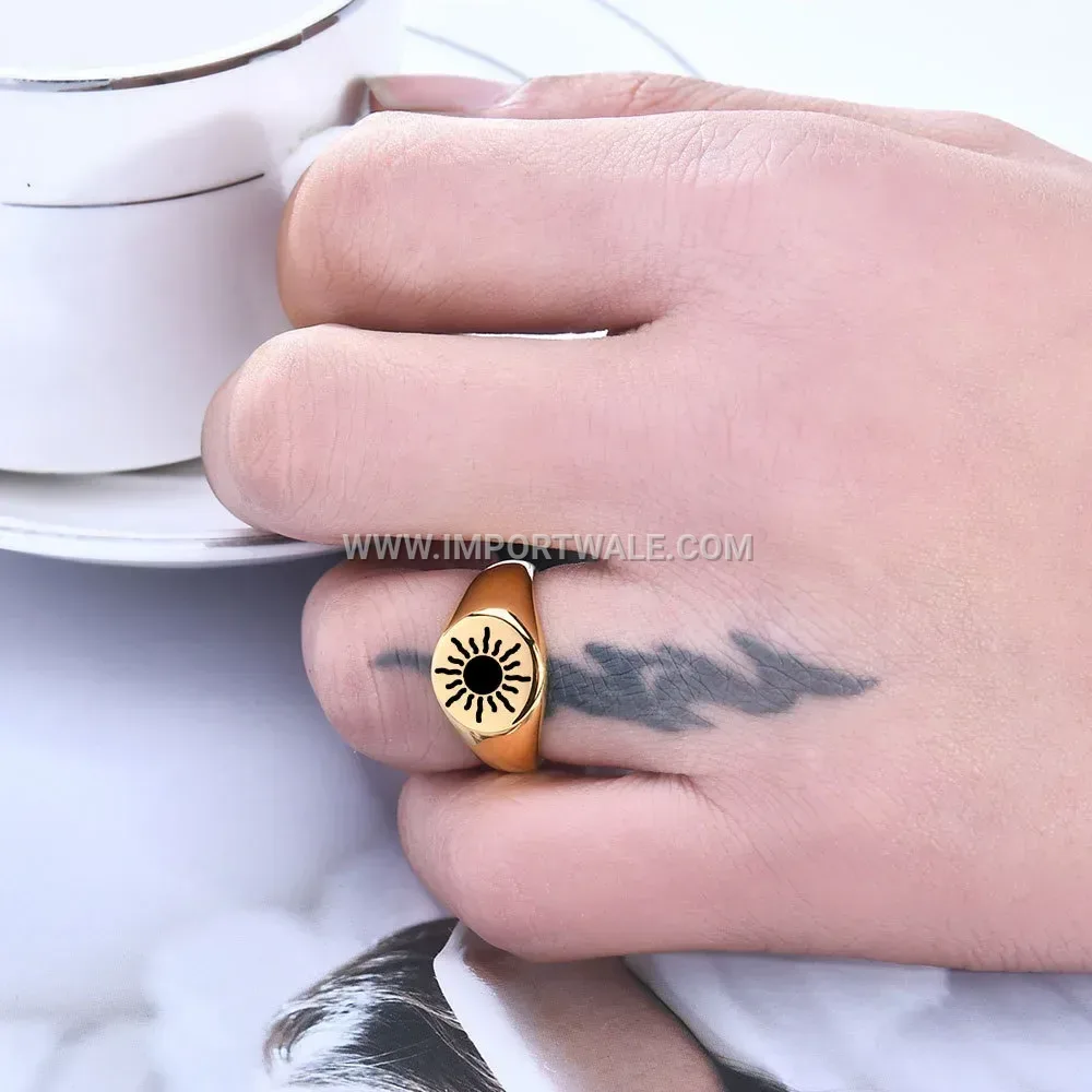 Sun Motif Engraved Stainless Steel Signet Ring