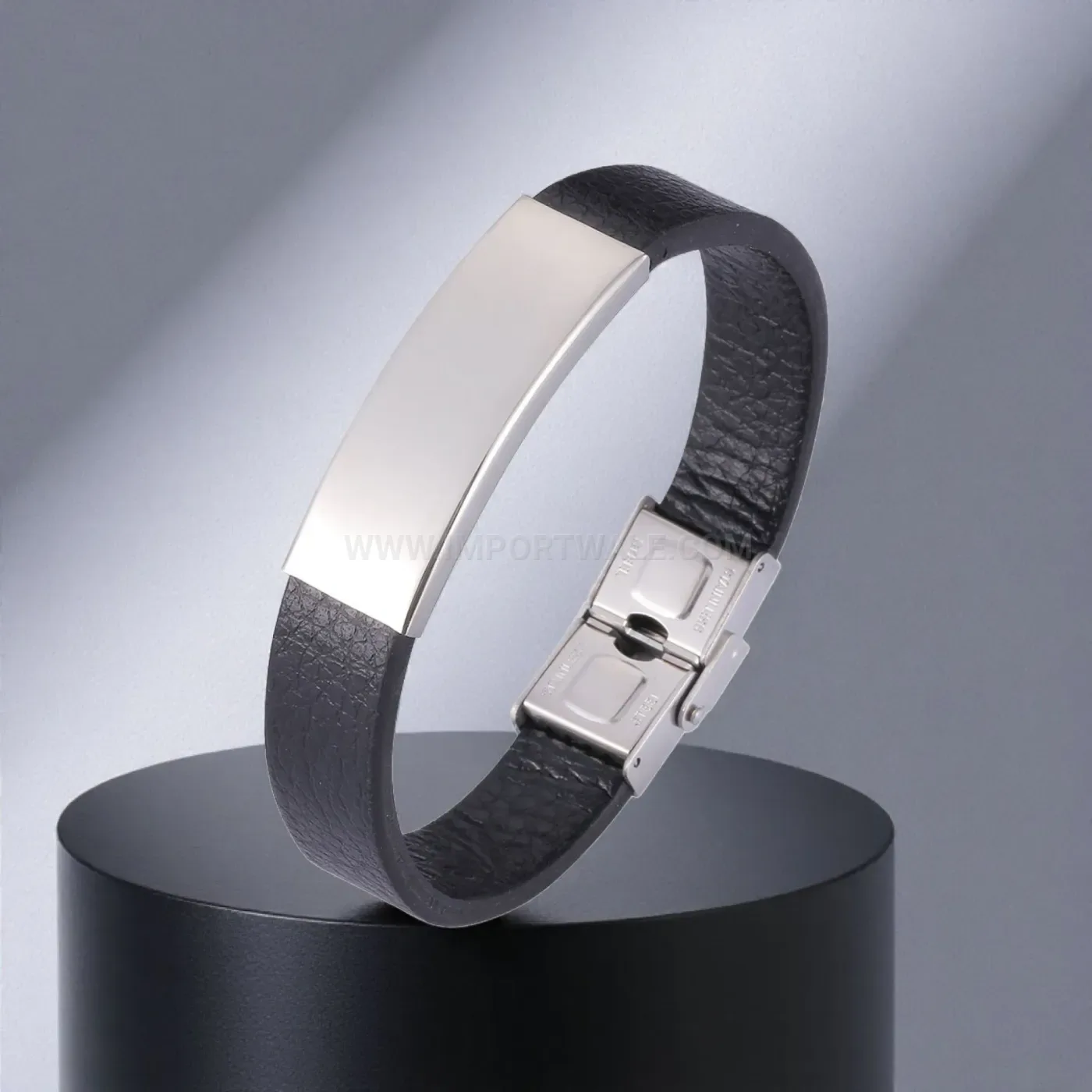 Customizable Black Leather Stainless Steel Geometric Bracelet