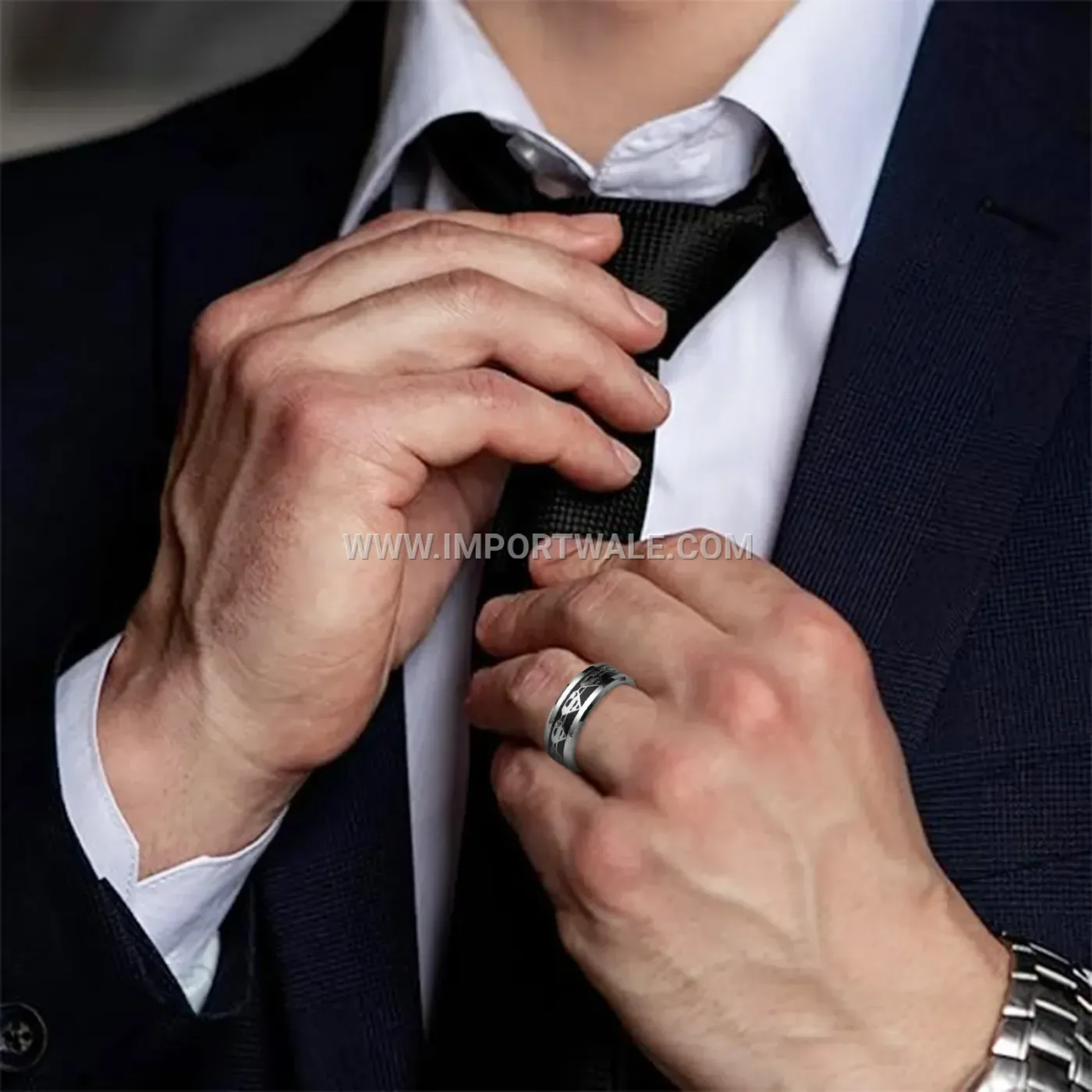 Emblem Inset Stainless Steel Graphic Ring Band