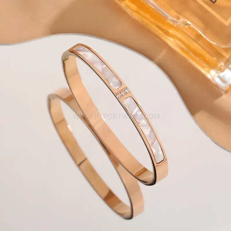 White Mother-of-Pearl Three-Stone Titanium Steel Bangle