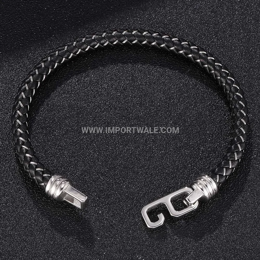 Braided Leather and Wire Accent Stainless Steel Cuff