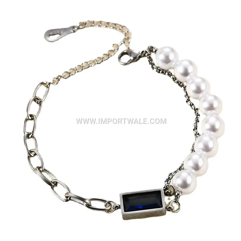 Double Layer Stainless Steel Link Bracelet with Sapphire and Imitation Pearl