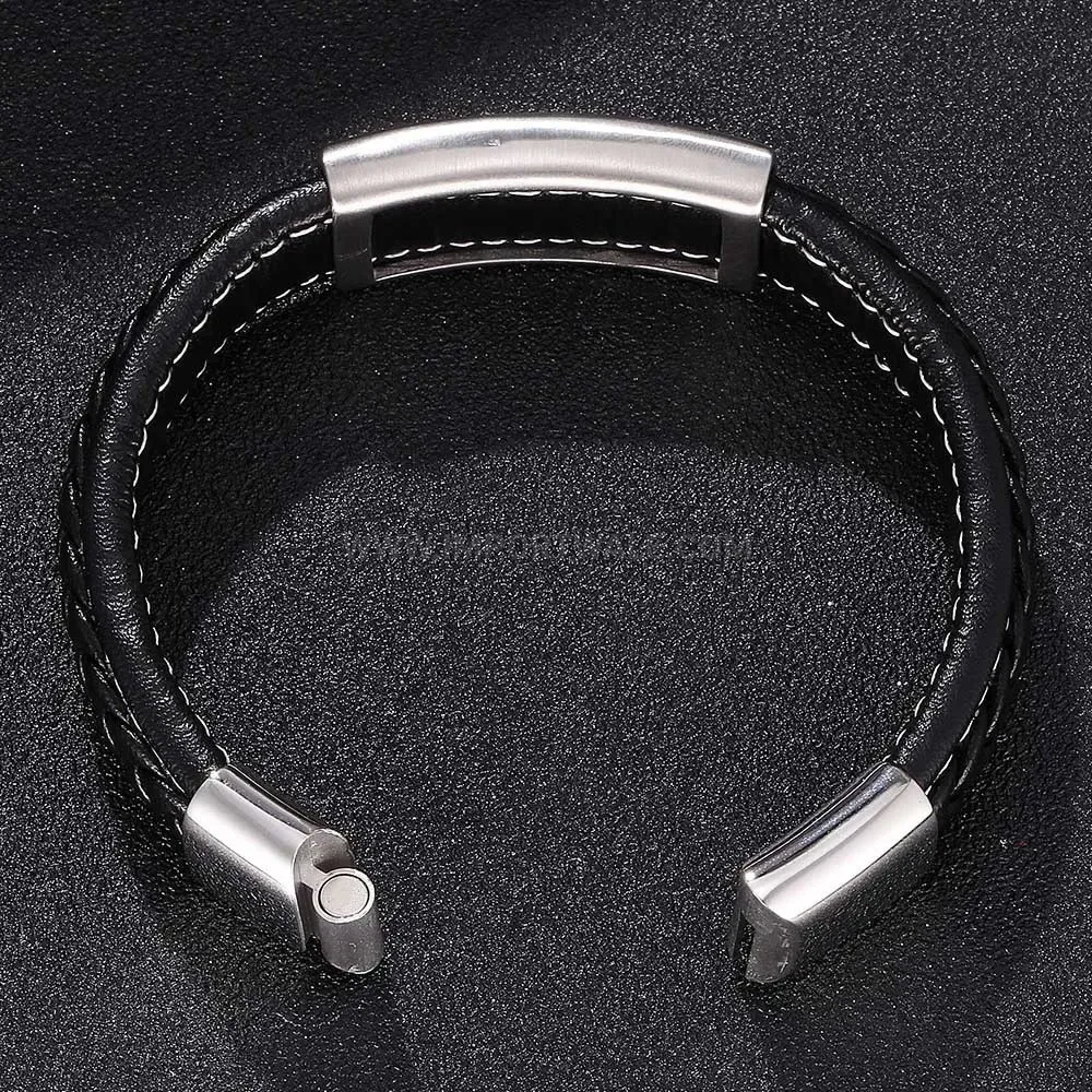 Stitched Leather Magnetic Bracelet with Polished Stainless Steel Accent