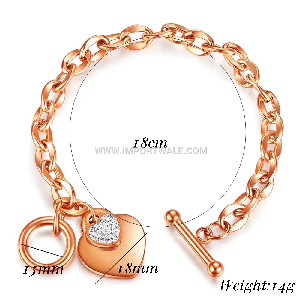 Rhinestone Heart Stainless Steel OT Toggle Chain Bracelet