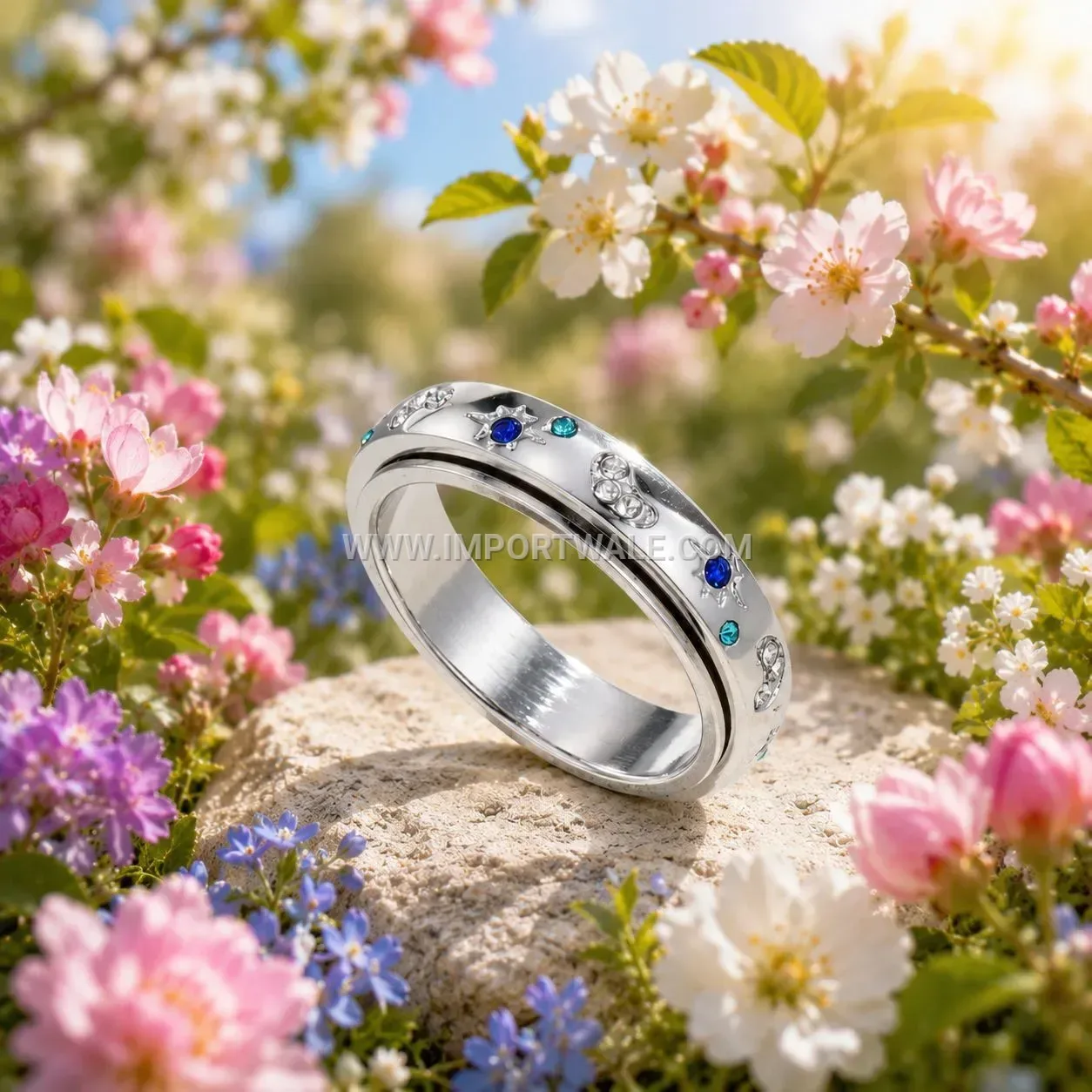 Multicolor Zircon Inlaid Stainless Steel Spinner Ring