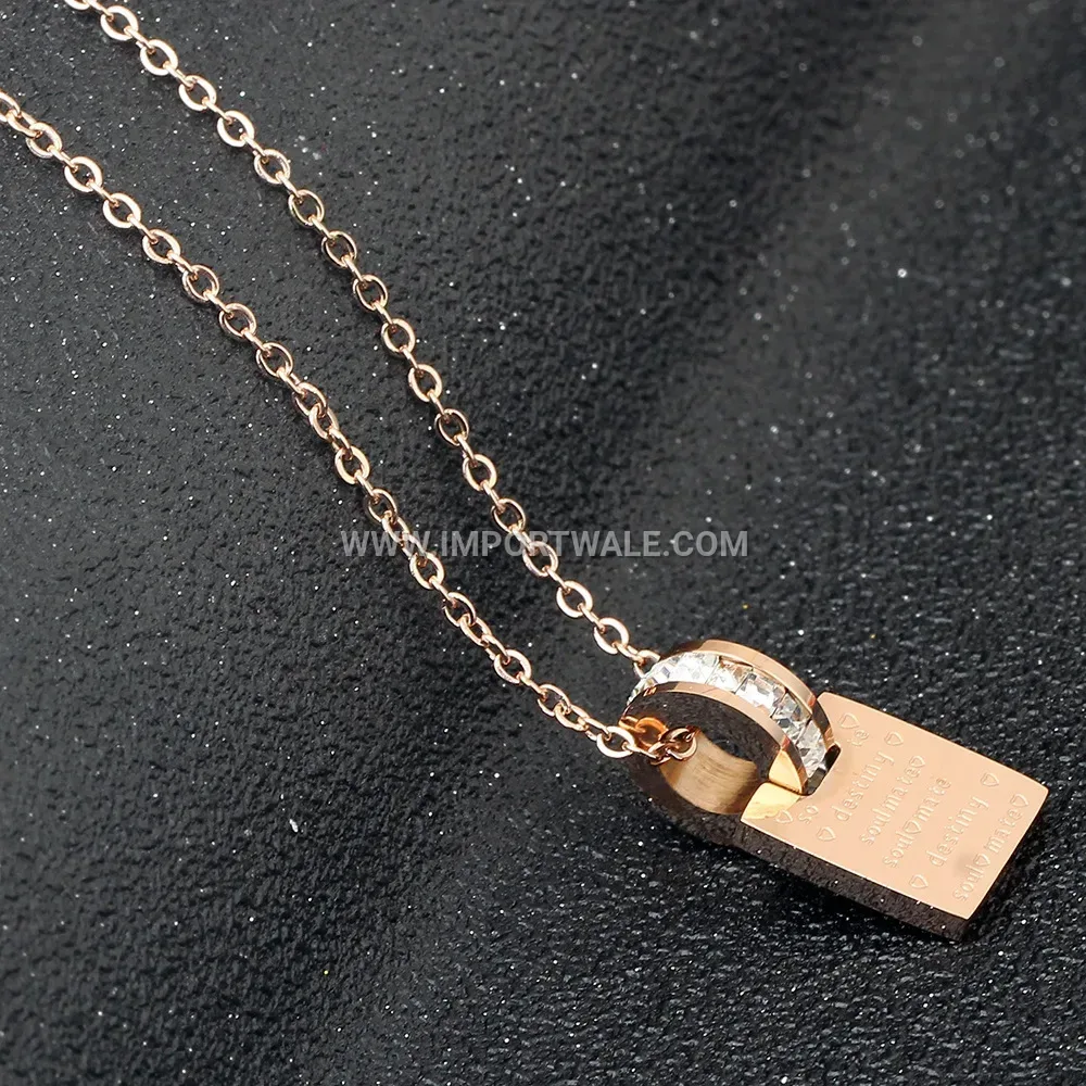 Rose Gold Stainless Steel Geometric Disc and Square Pendant Necklace