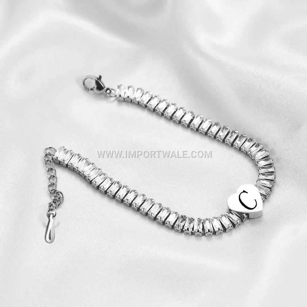 Stainless Steel Cubic Zirconia Engraved Initial Heart Bracelet