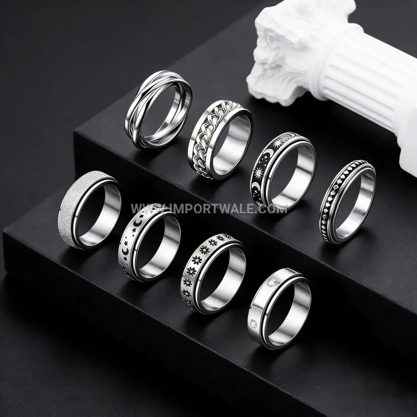 Stainless Steel Rotating Geometric Spinner Ring Set