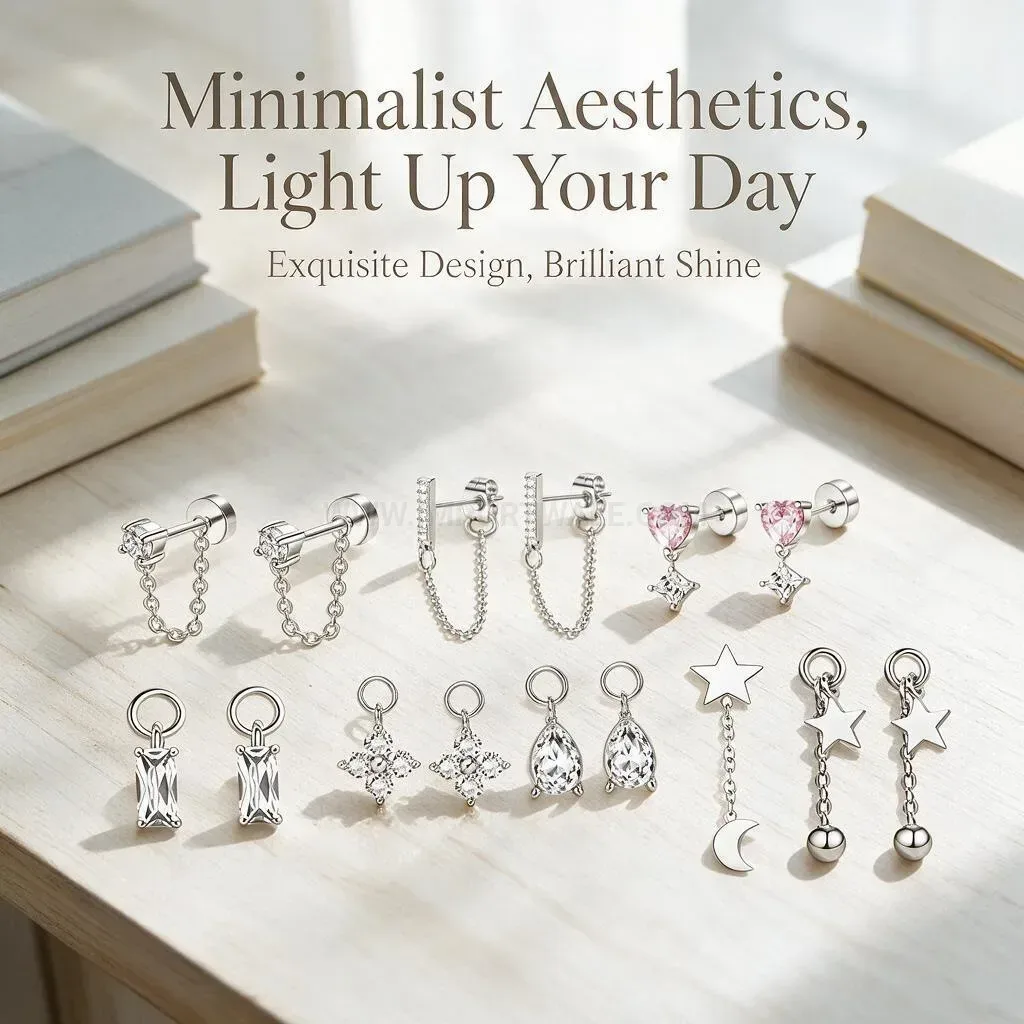 Modern Delicate Stainless Steel Long Chain Dangle Cartilage Piercing Studs