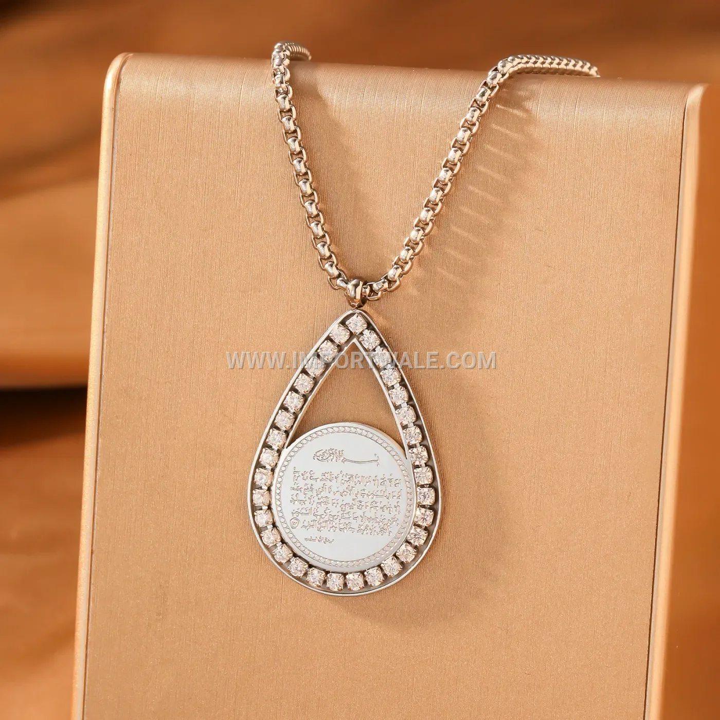 Stainless Steel Ayatul Kursi Calligraphy Teardrop Pendant Necklace With Zircon