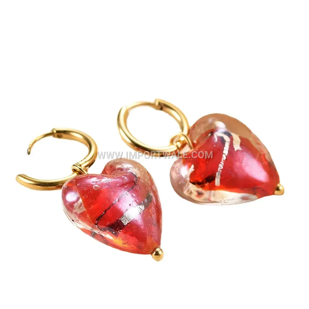 Stainless Steel Glass Heart Pendant Drop Earrings