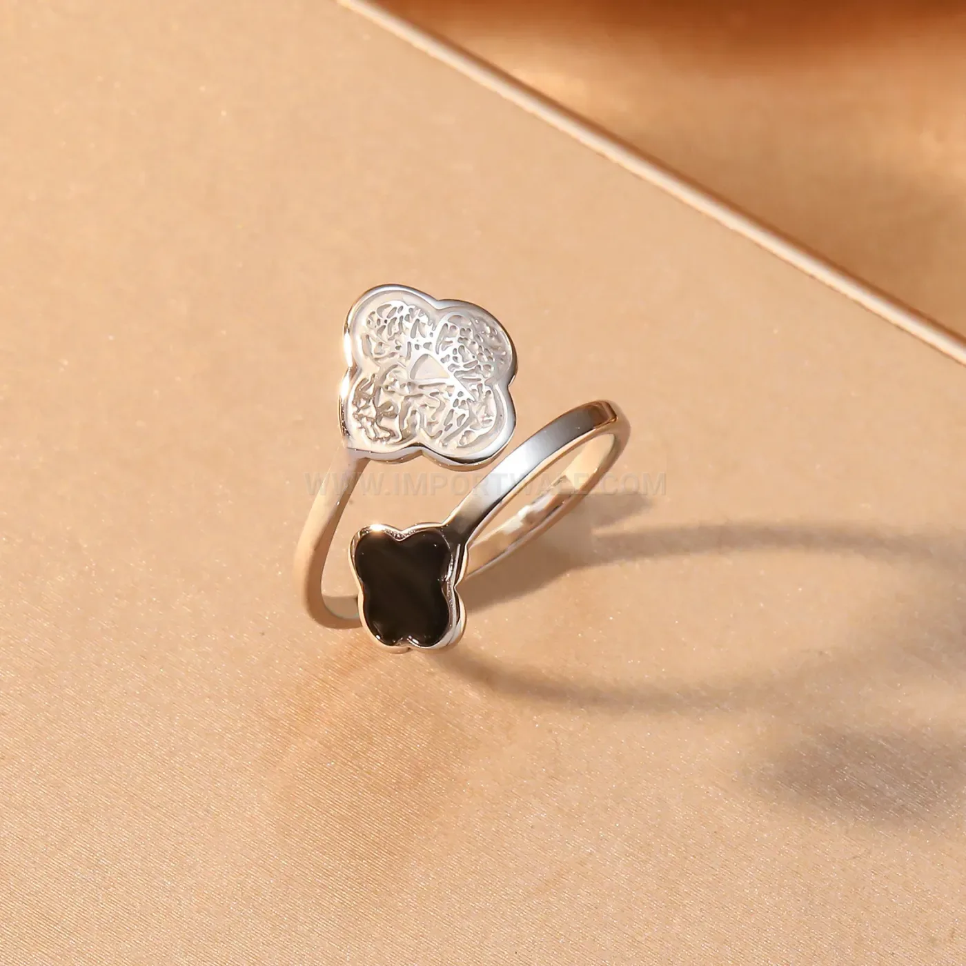Premium Stainless Steel Filigree Clover Open Bypass Ring with Enamel