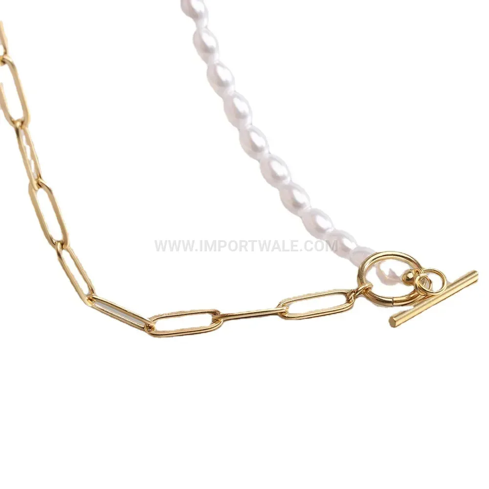 Faux Pearl Splicing Safety Pin Stainless Steel OT Clasp Necklace