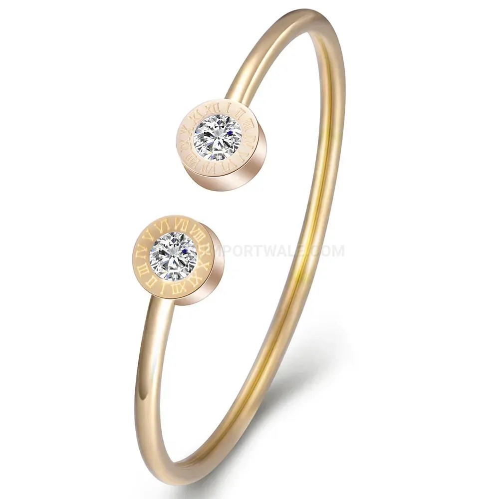 Designer Roman Numeral Stainless Steel Crystal Open Bangle