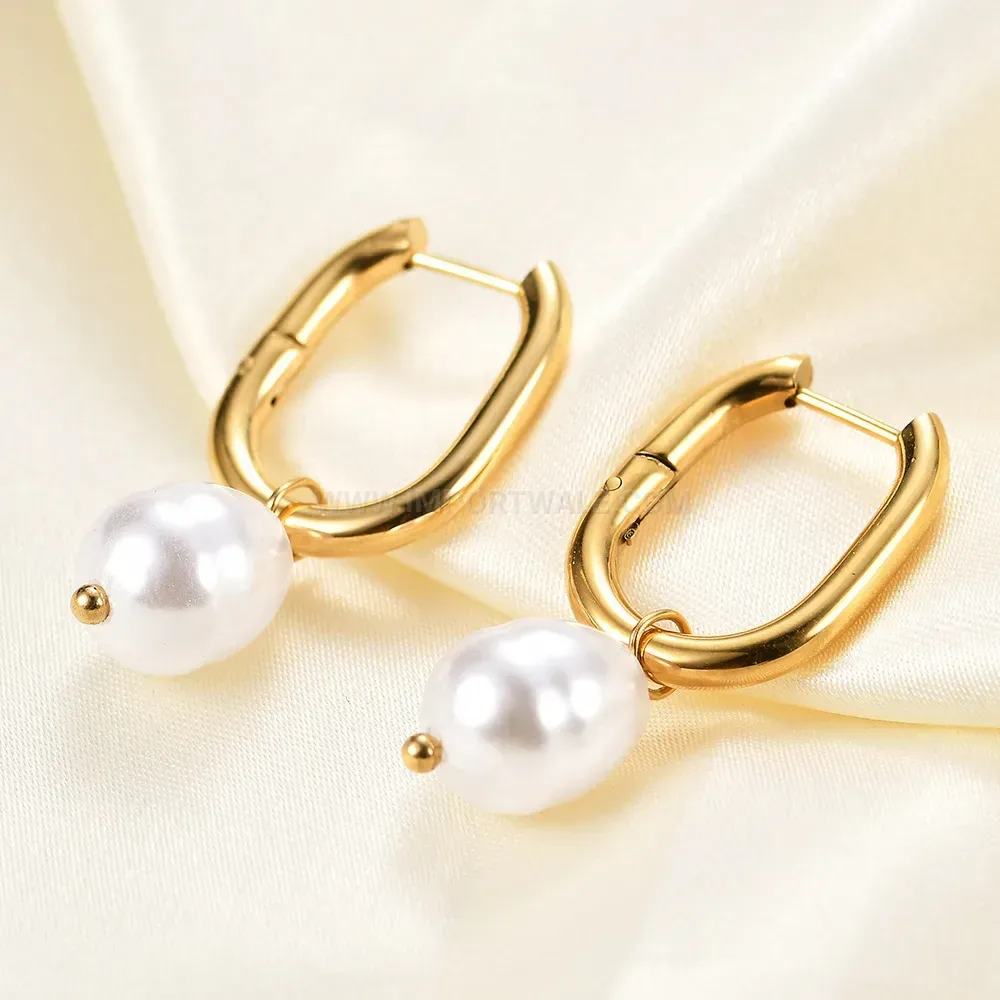 Trendy Faux Pearl U-Shaped Stainless Steel Huggie Earrings