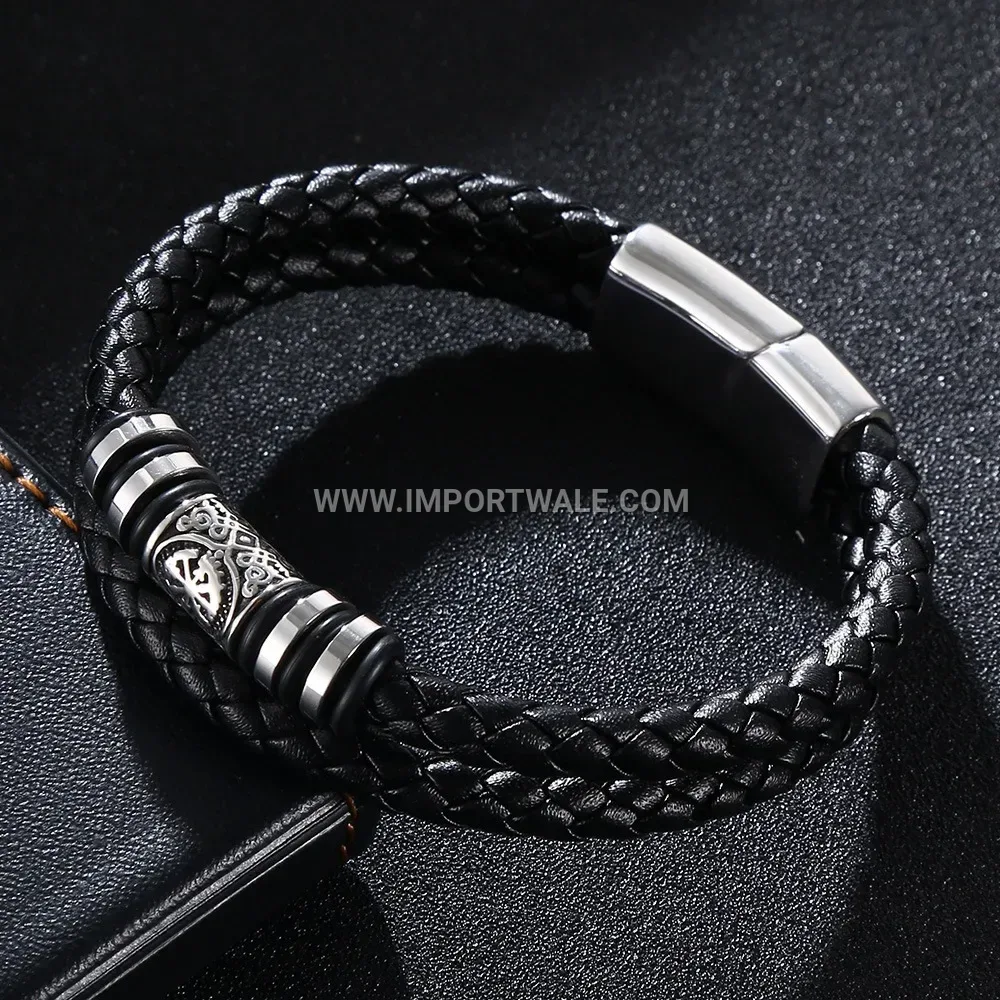 Woven Leather Bracelet with Stainless Steel Hardware
