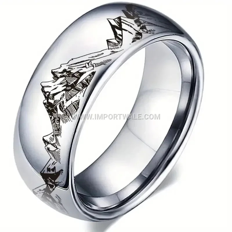 Laser Engraved Mountain Peak Stainless Steel Band Ring