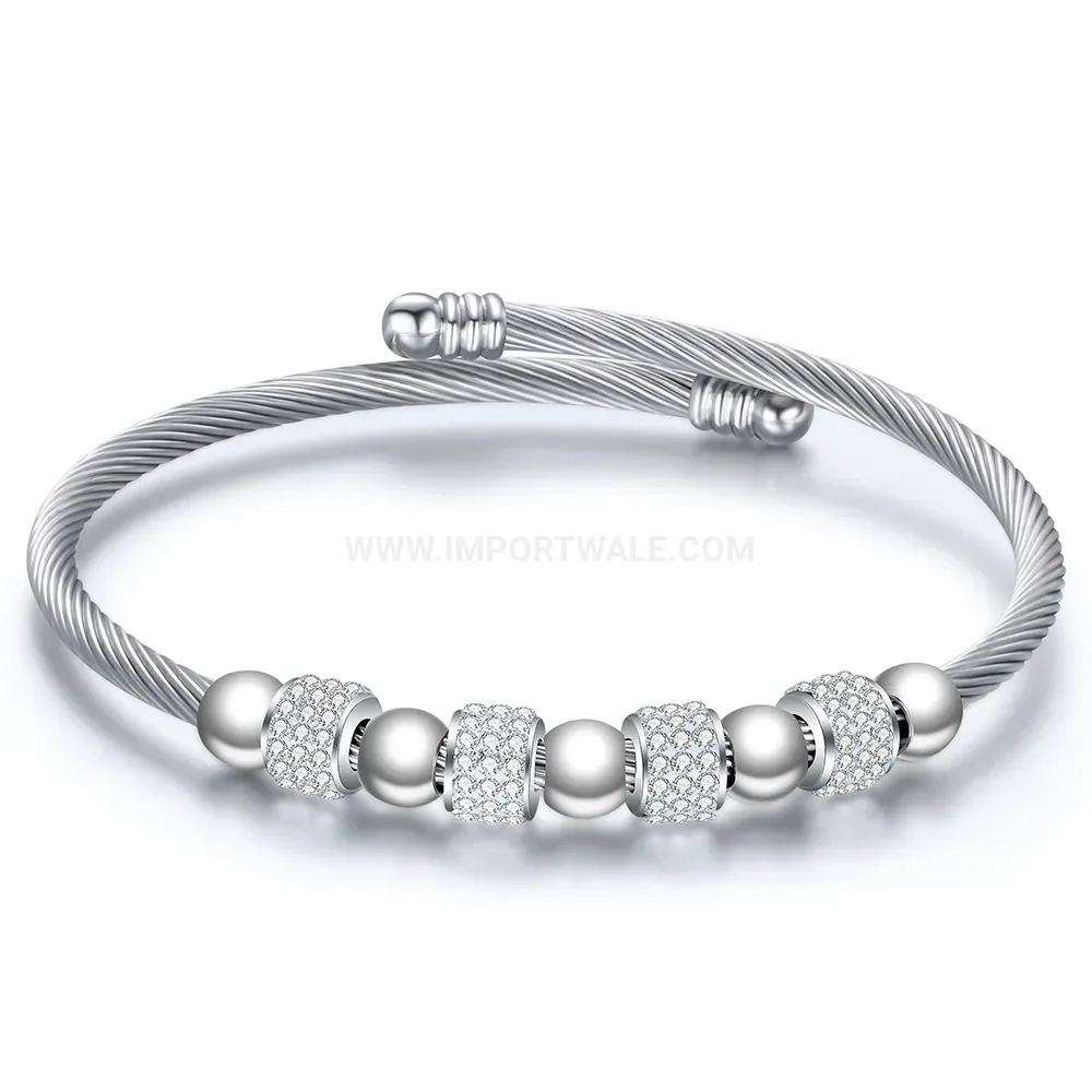 Trendy Adjustable Stainless Steel Cable Wire Cuff Bangle with Crystal Beads