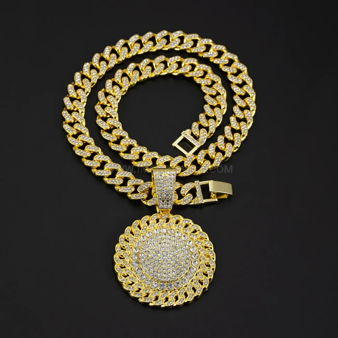 Bold Rhinestone Paved Round Disc Pendant Cuban Chain Necklace