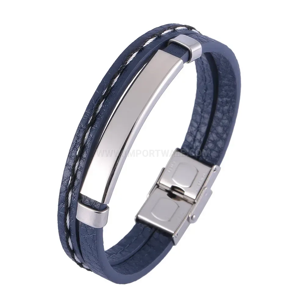 Braided Blue Leather Stainless Steel Engravable Wristband
