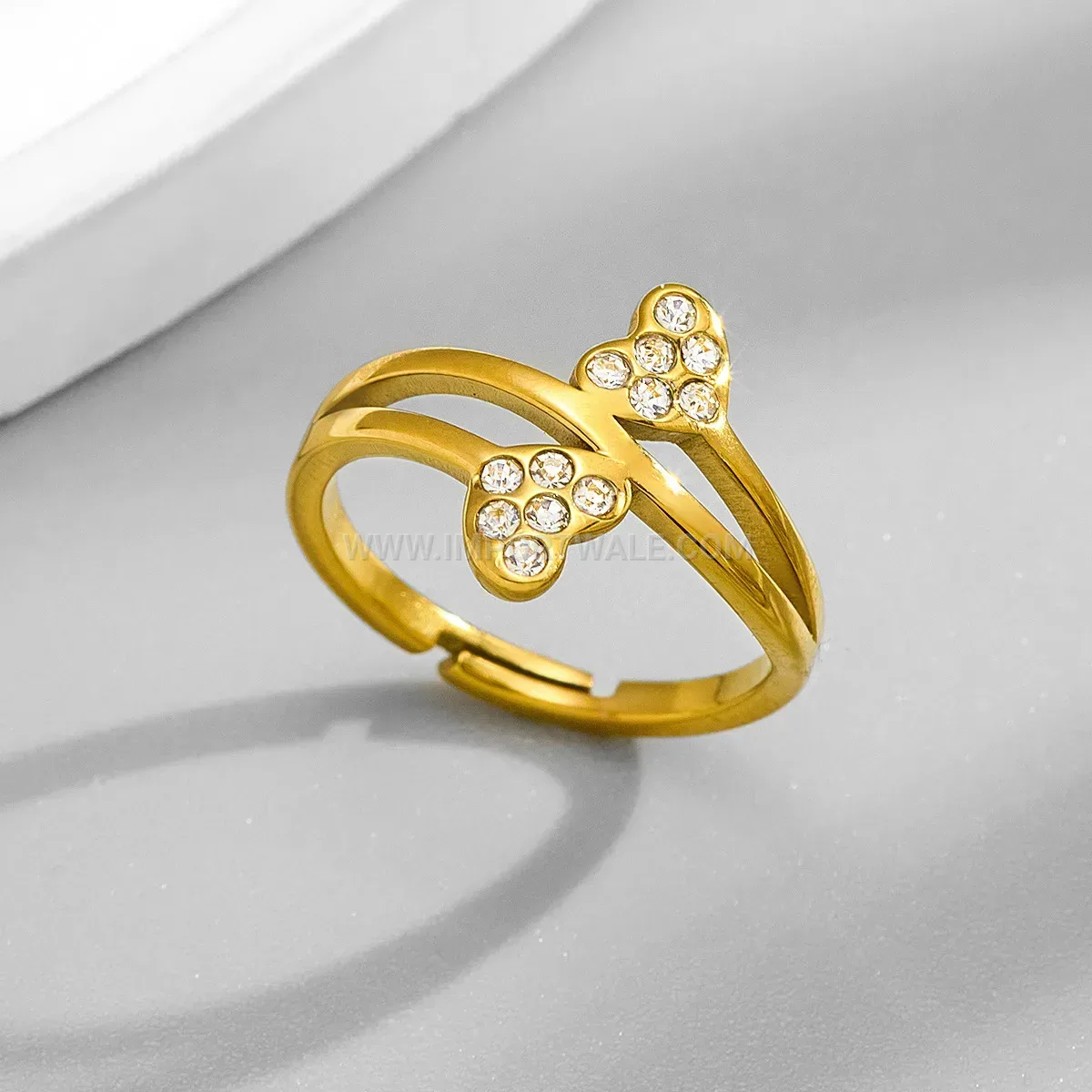 Double Heart Pave Open Adjustable Stainless Steel Ring