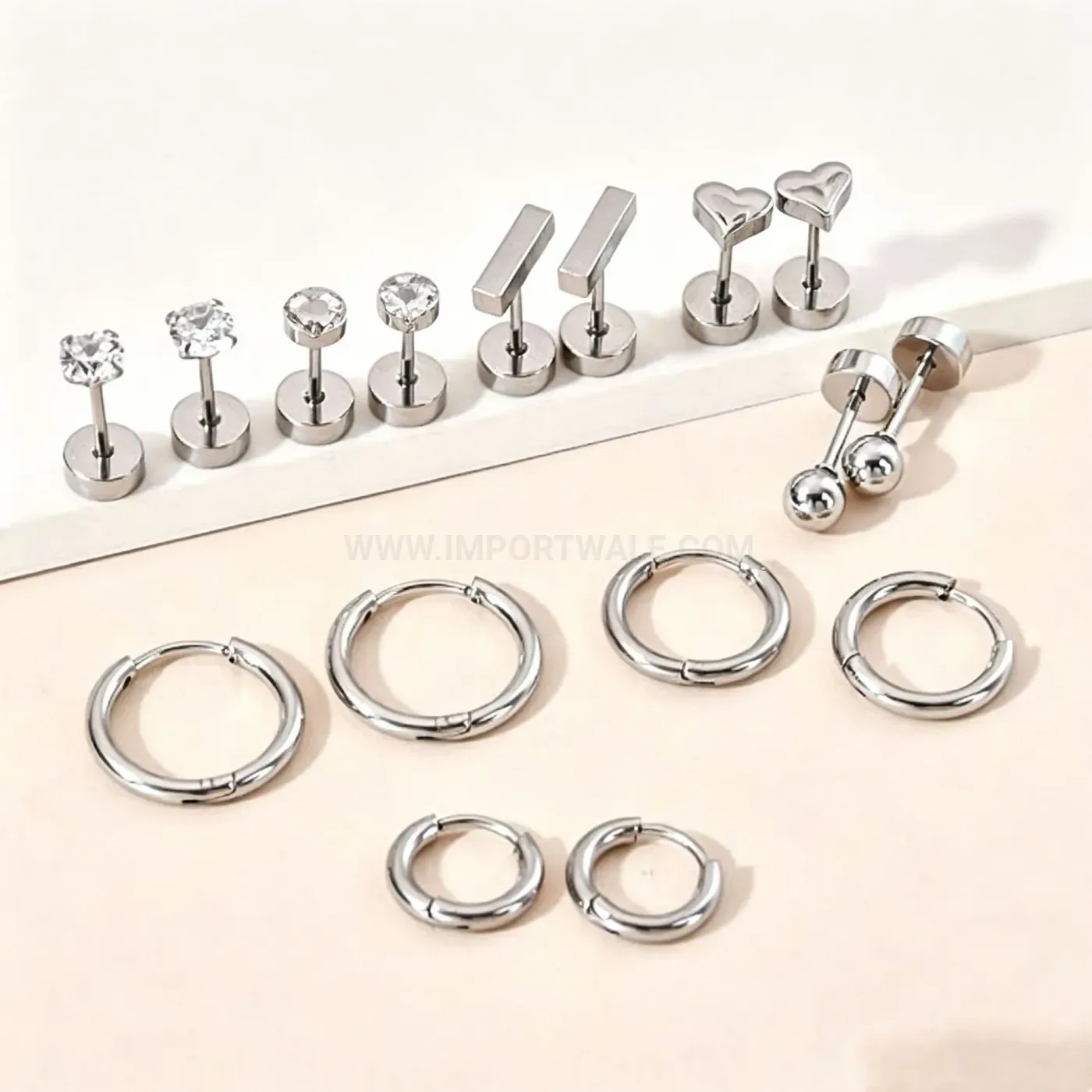 Designer Stainless Steel Cubic Zirconia Hoop and Stud Piercing Earring Set