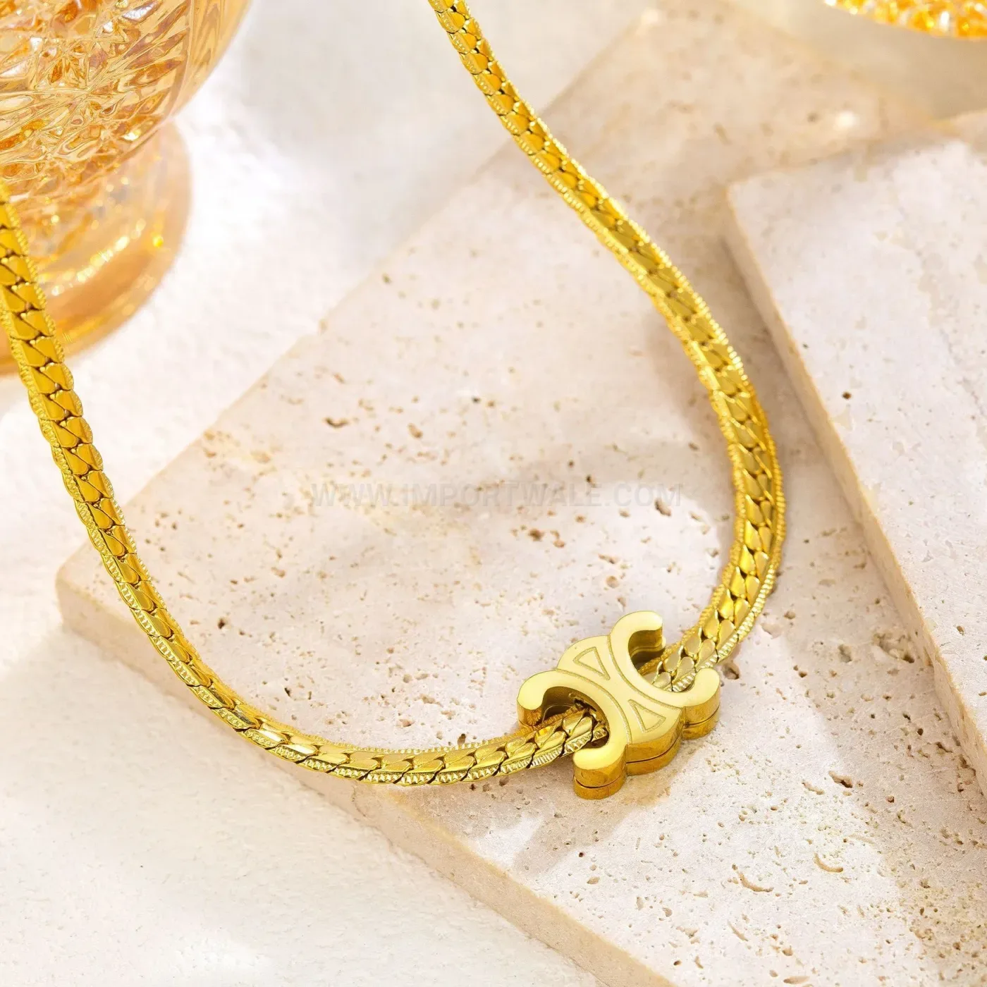 Chic 18K Gold Plated Titanium Steel Geometric Pendant Necklace and Bracelet