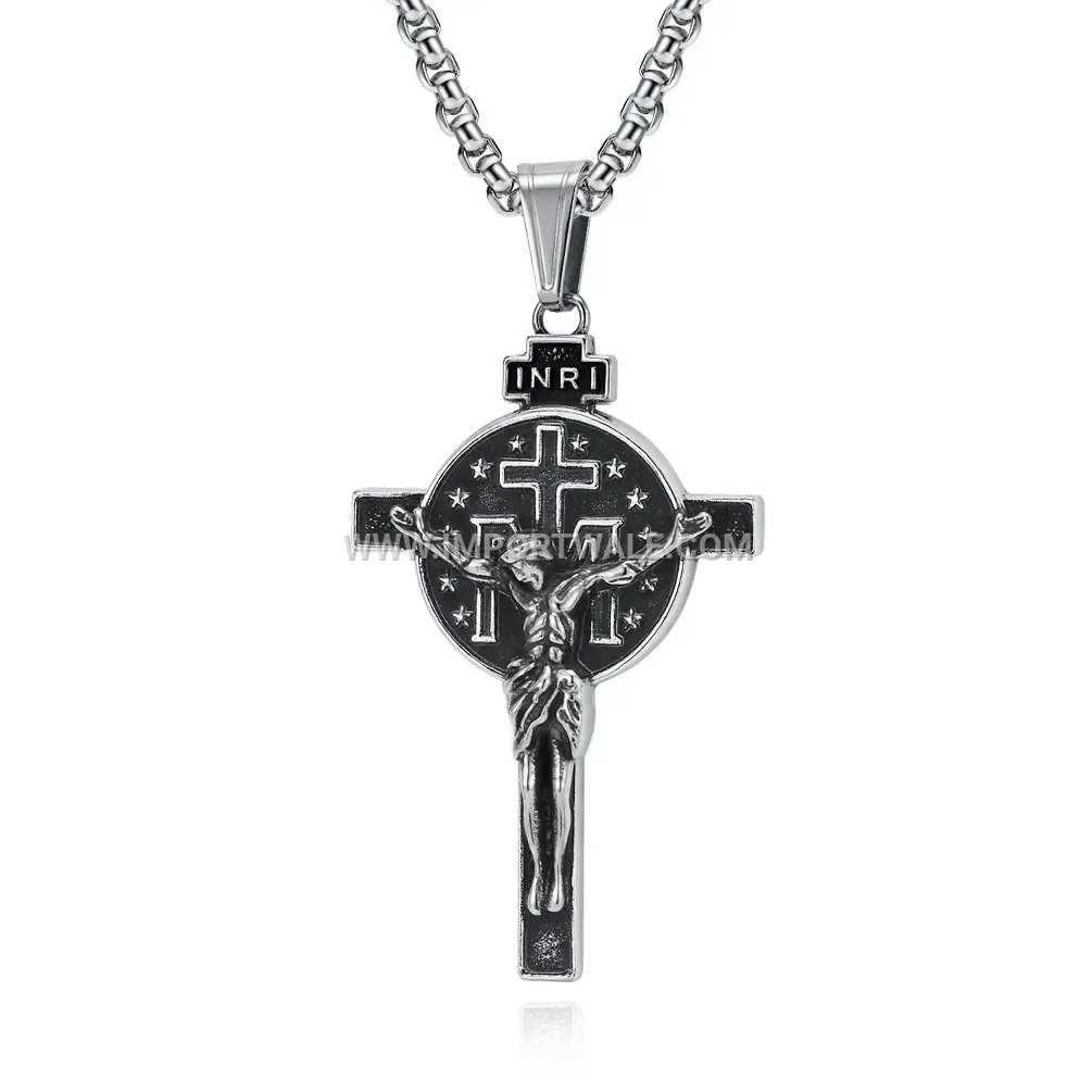 Vintage Portrait Cross Stainless Steel Pendant Necklace for Men