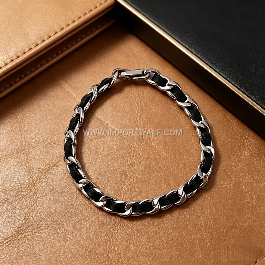 Stainless Steel and Leather Chain Link Combination Bracelet