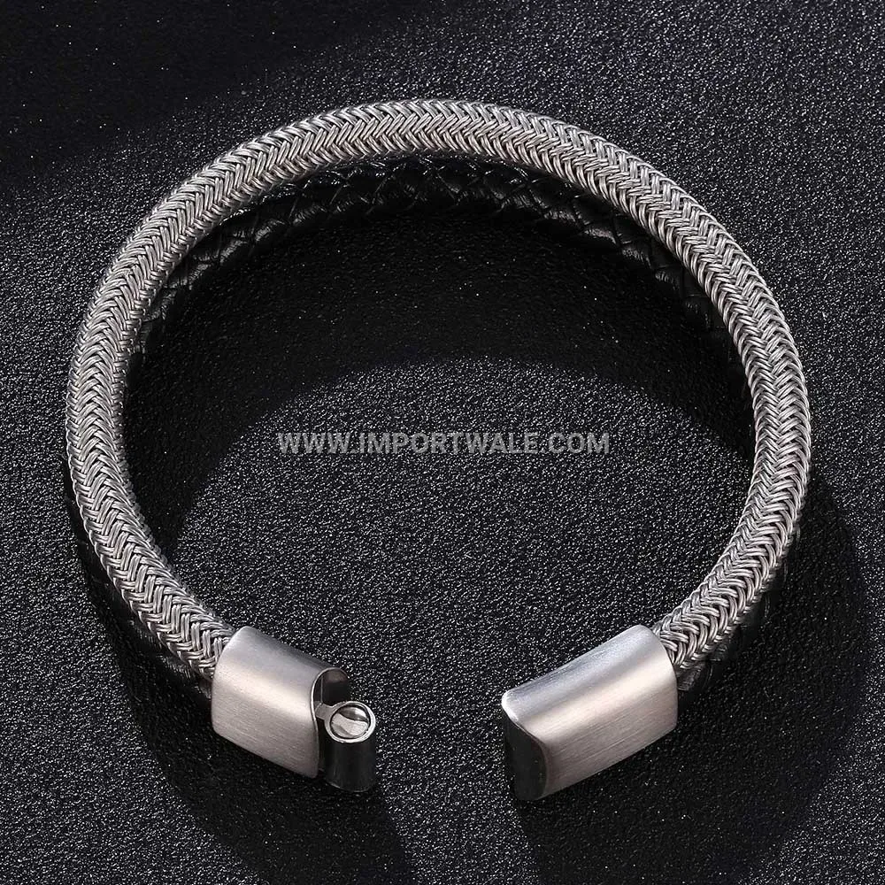 Steel Wire and Black Leather Combination Bracelet with Magnetic Clasp