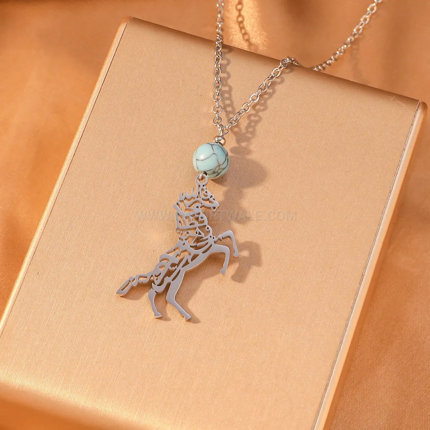 Stainless Steel Horse Calligraphy Pendant Necklace with Turquoise Bead