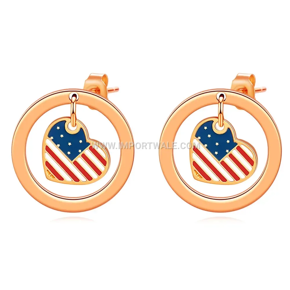 Hollow Heart Stainless Steel Flag Motif Circle Drop Earrings